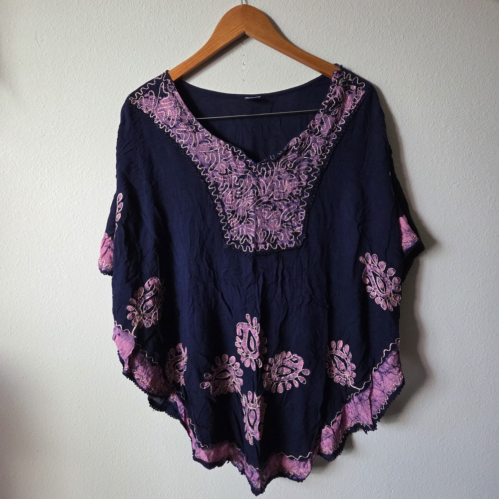 Embroidered Navy and Pink Women's  Flowy Top